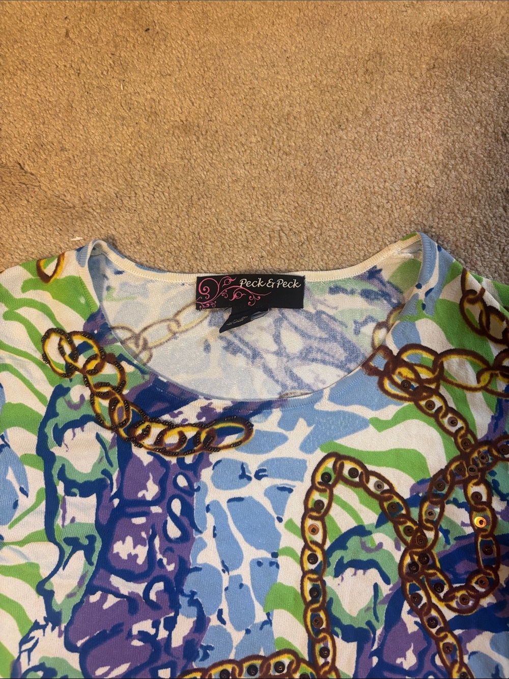 Peck & Peck Blue, Green & White Chain-Print Long-Sleeve Top